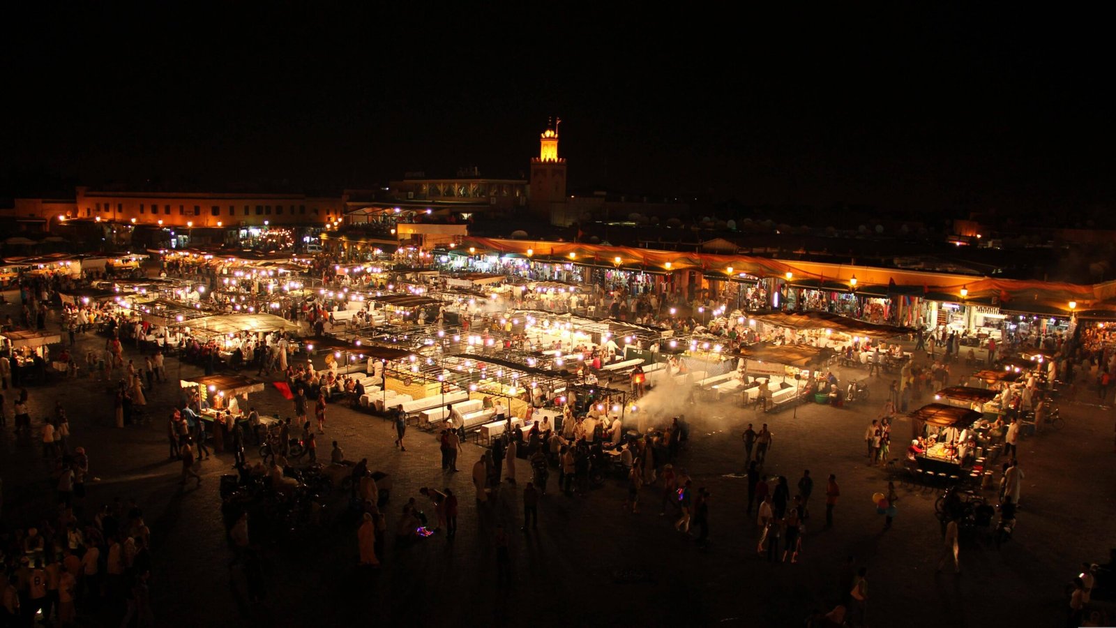 Jemaa el-Fnaa square lit up at night, aerial view