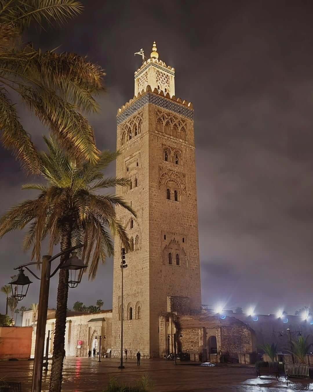Koutoubia Mosque illuminated at night in Marrakech