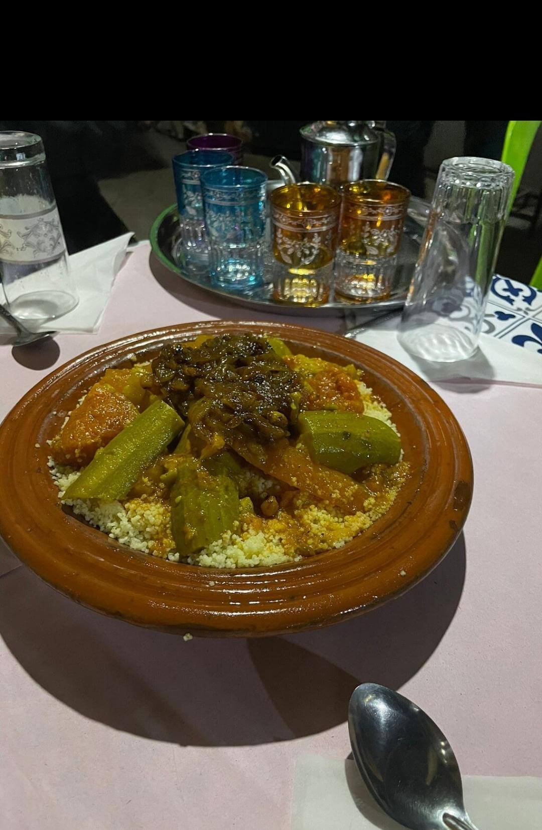 Traditional Moroccan food display at a market stall