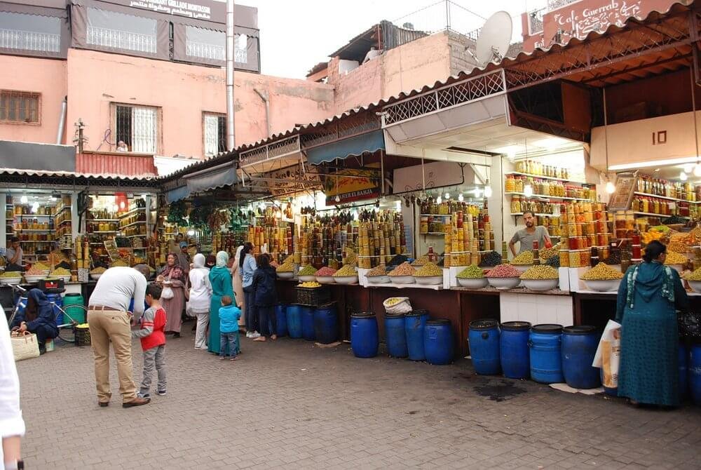 Olive shops inside Rahba Kedima market Marrakech
