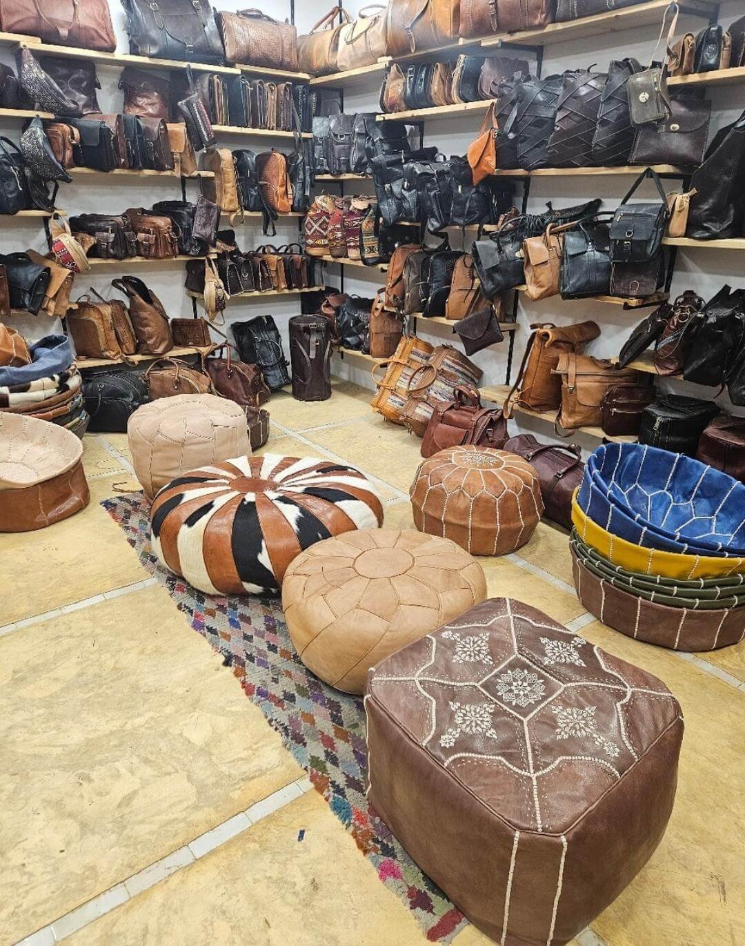 Leather shop with traditional Moroccan poufs in Marrakech
