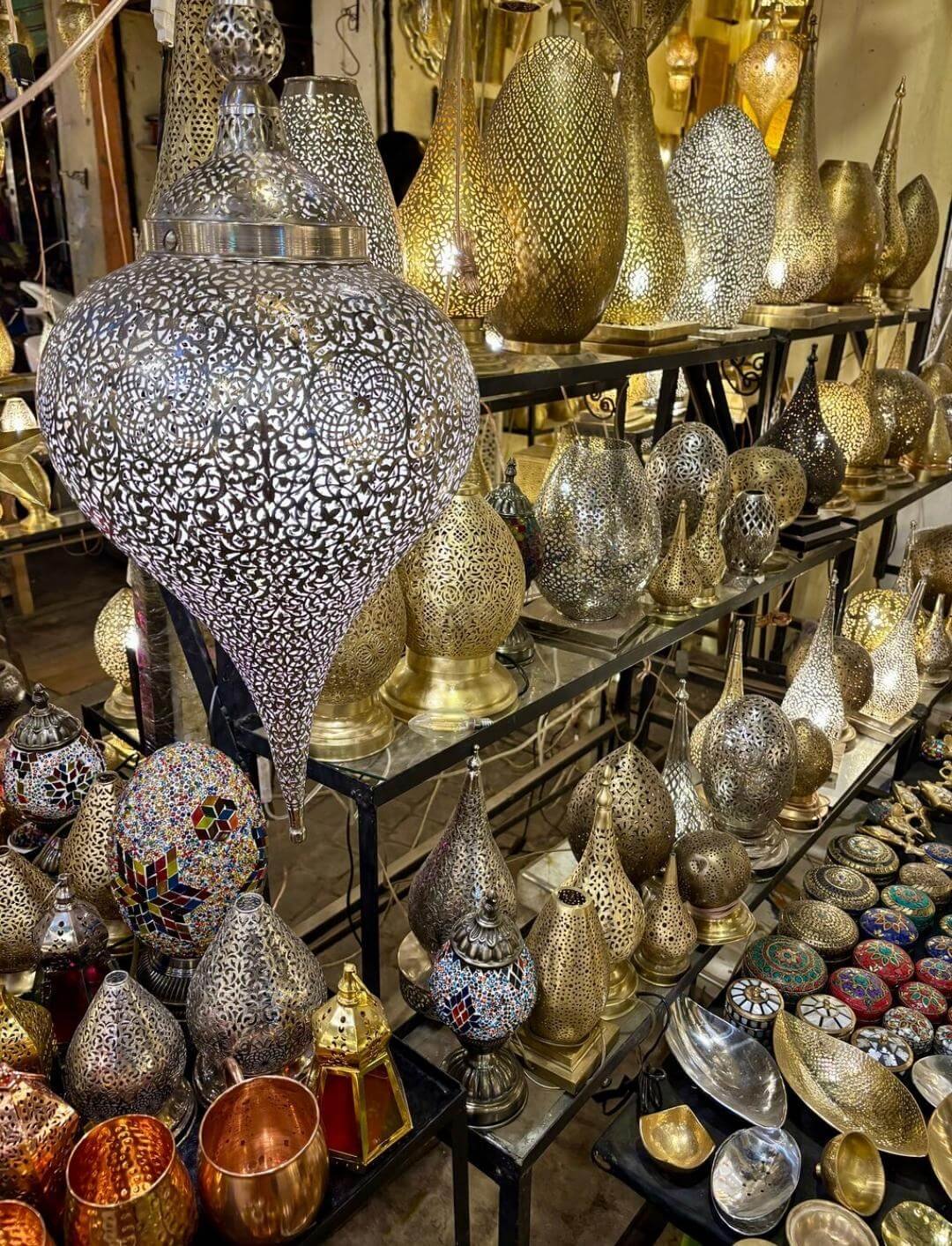 Traditional glass lanterns and vases in Marrakech shop