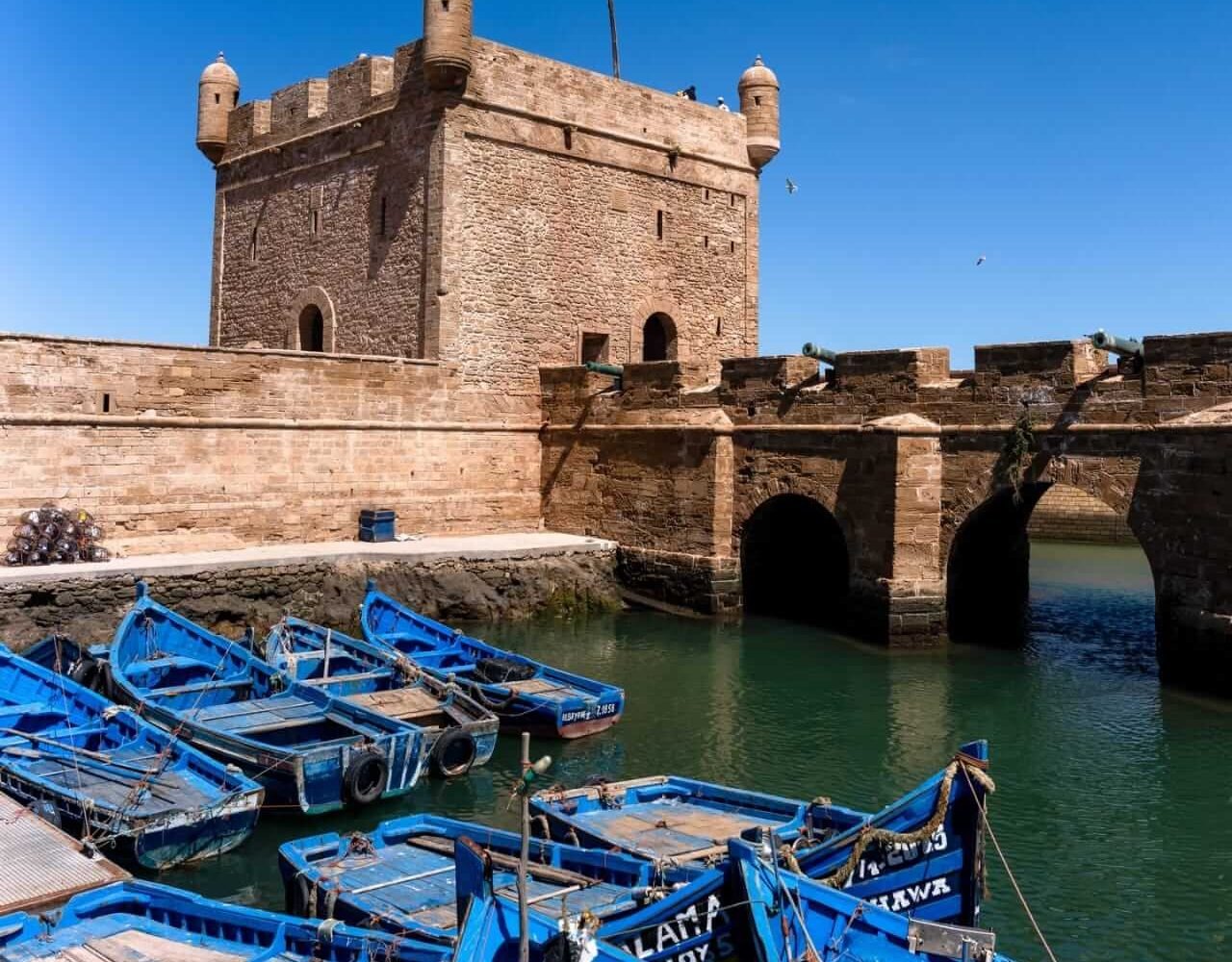 Panoramic view of Essaouira's Skala ramparts and coastline from the fortress walls