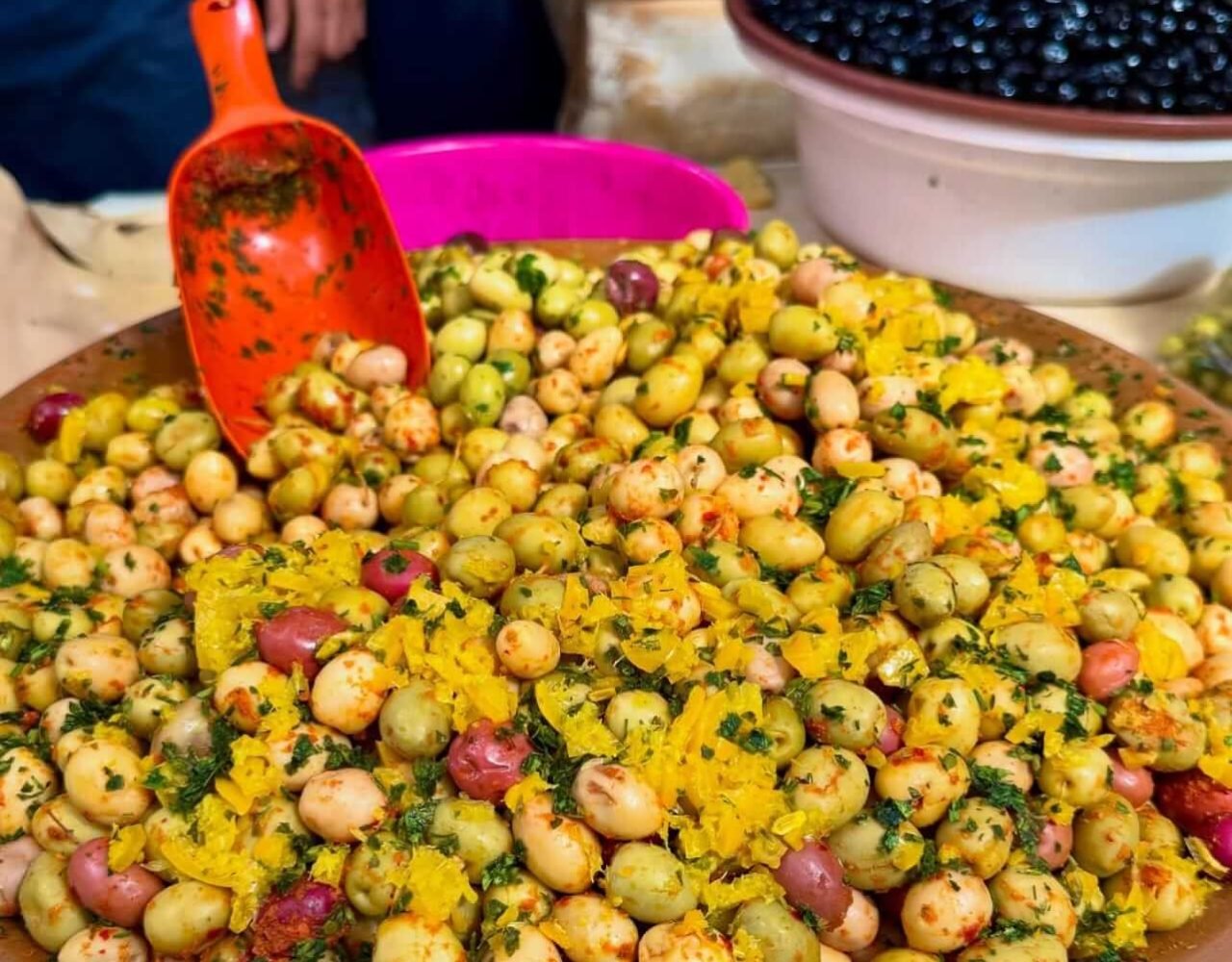big Bowl of traditional Moroccan spiced marinated olives served in Essaouira