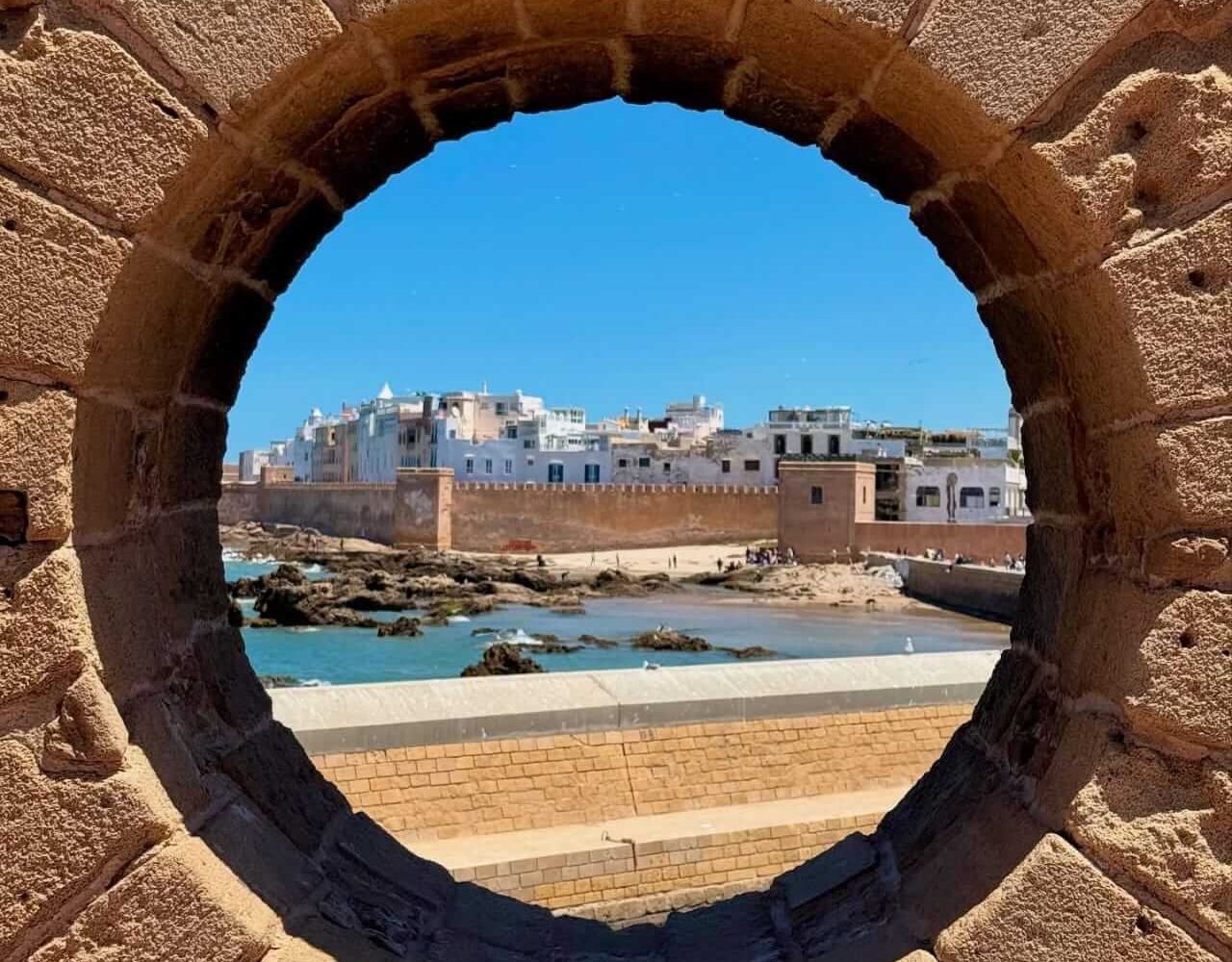 Aerial drone view of Essaouira's historic ramparts and medina walls along the Atlantic coast
