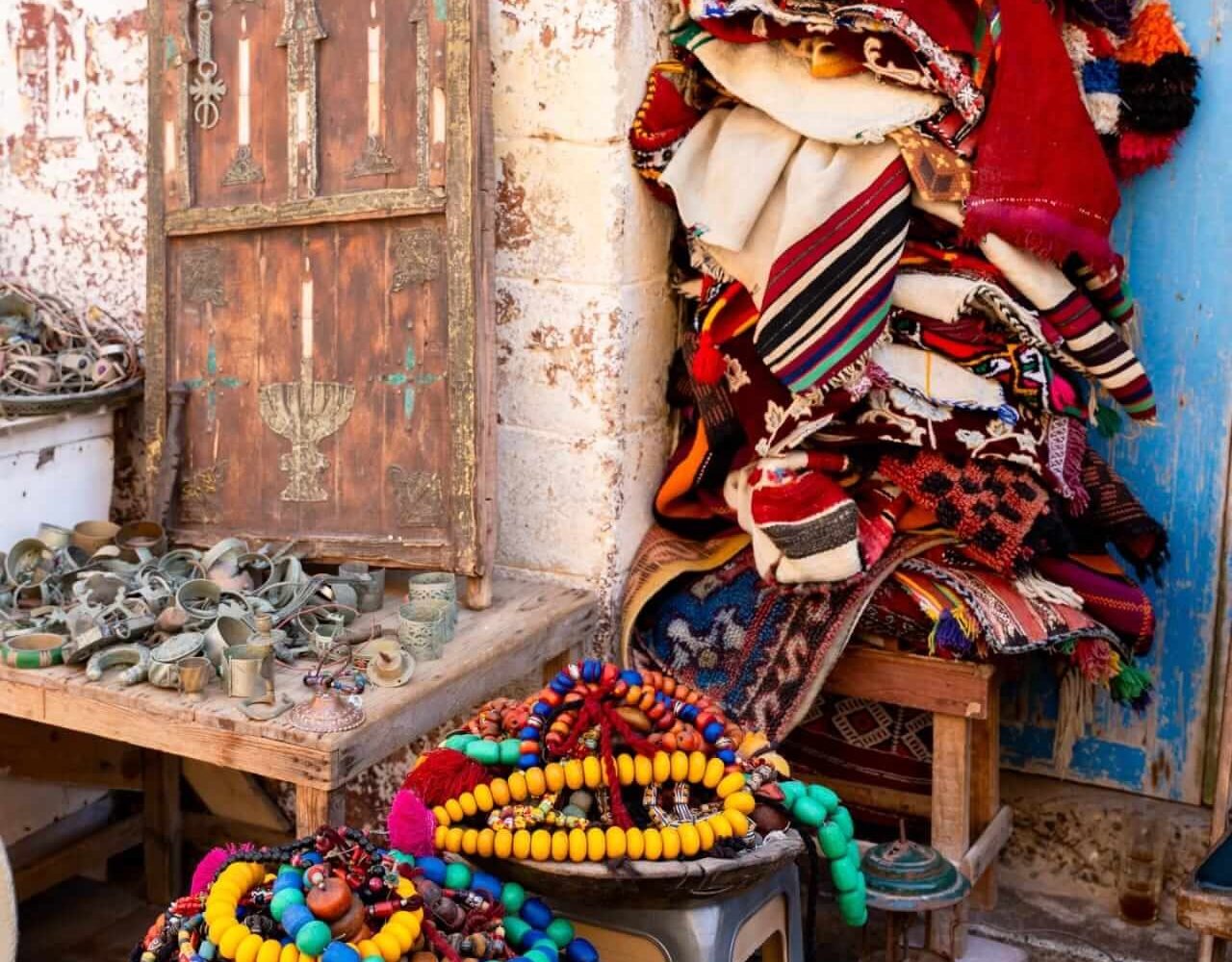 Display of traditional Moroccan jewelry at a shop in Essaouira