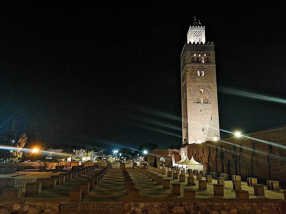 Koutoubia Mosque illuminated at night in Marrakech