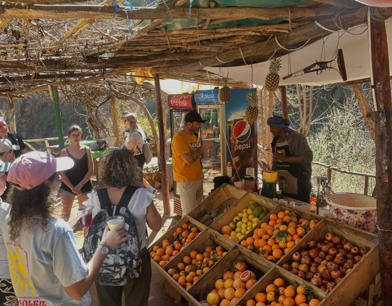 Local market stall selling fresh oranges near Ouzoud Falls