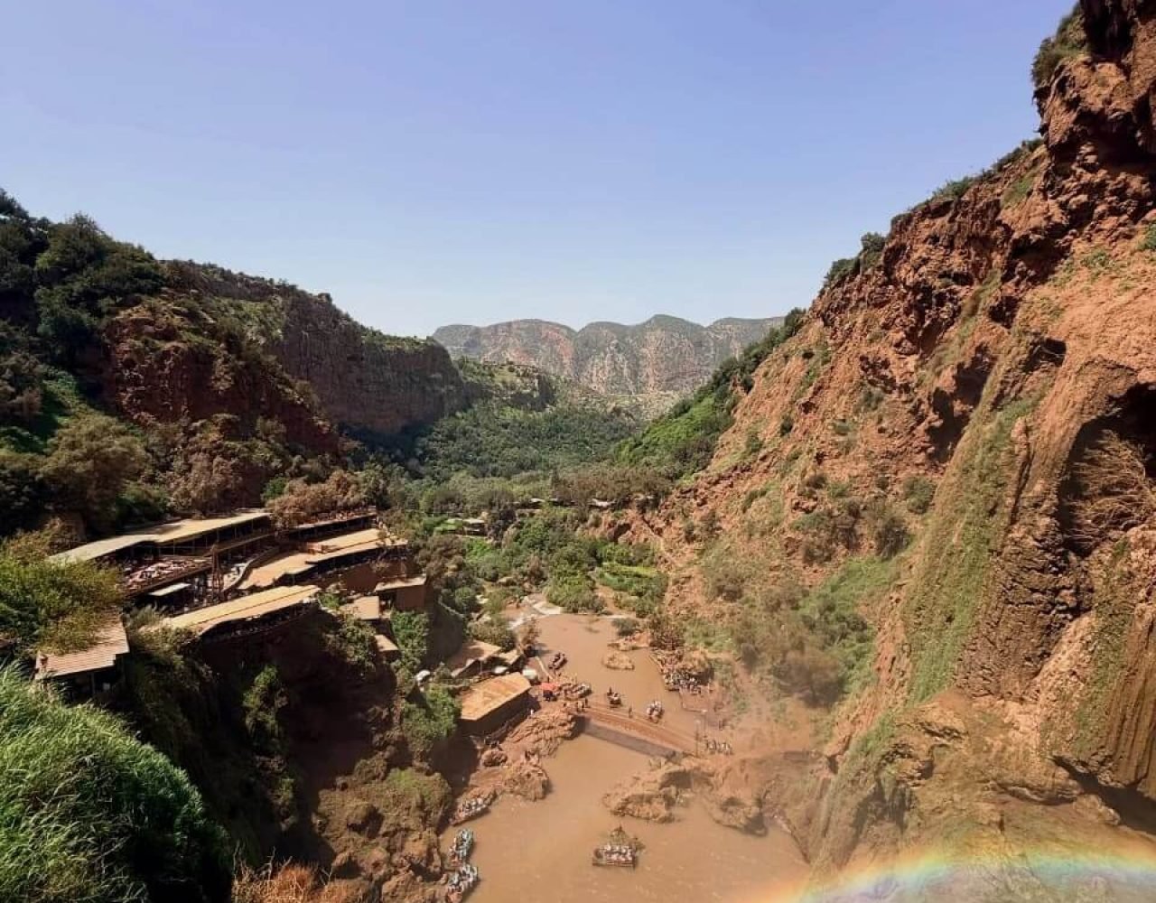 Elevated view of the river pools and valley below Ouzoud Falls