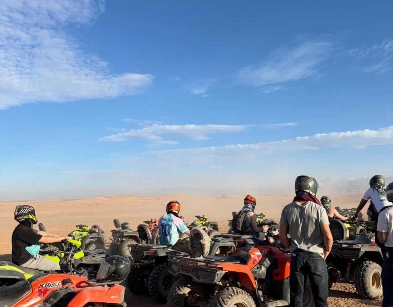 Row of quad bikes parked and ready in the Agafay Desert