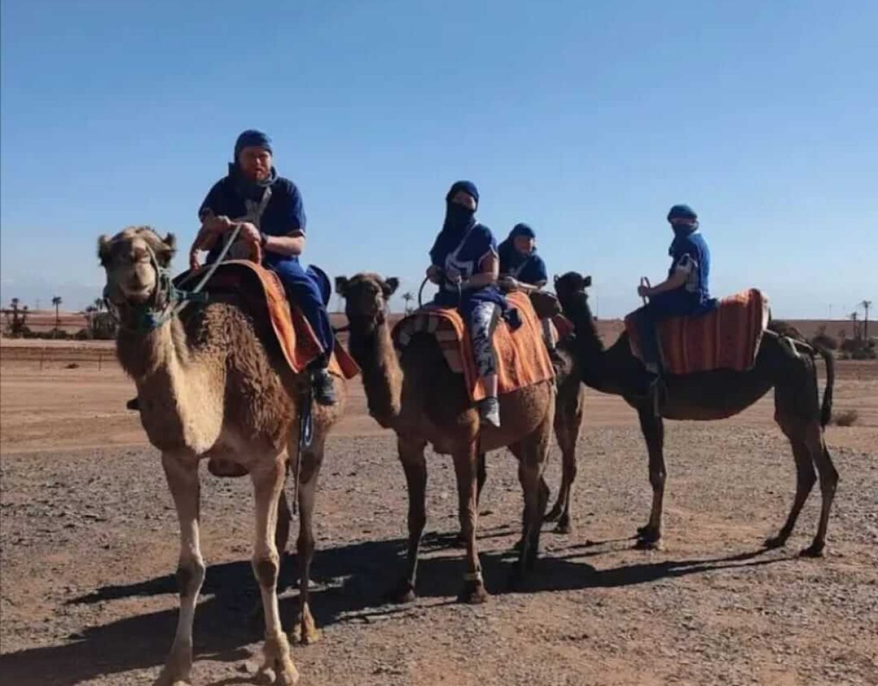 Camel caravan riding through the Agafay Desert near Marrakech