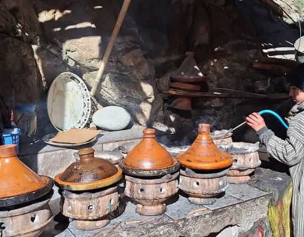 Traditional Moroccan tagines cooking in Imlil