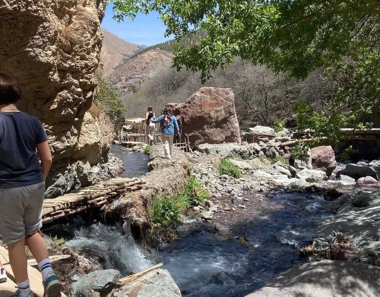 Mountain trail beside a river in Imlil