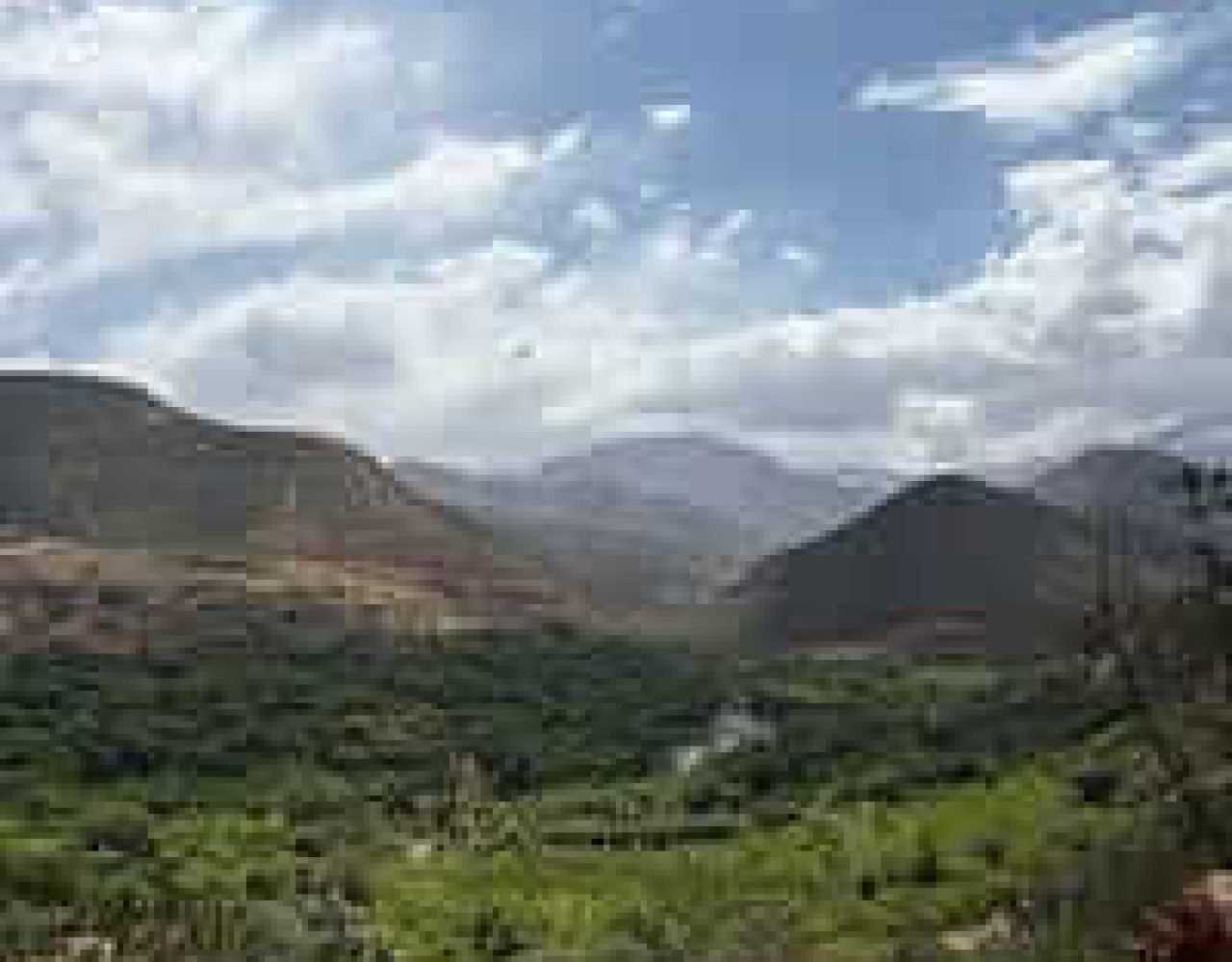 Wide panoramic landscape of the High Atlas Mountains near Imlil