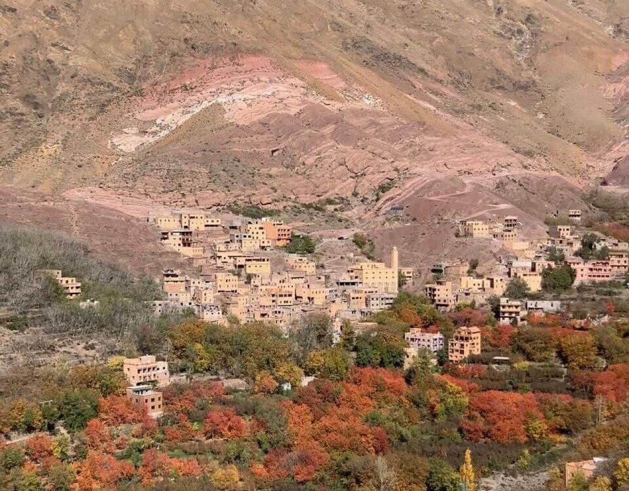 Panoramic view of a Berber village and Atlas Mountains near Imlil