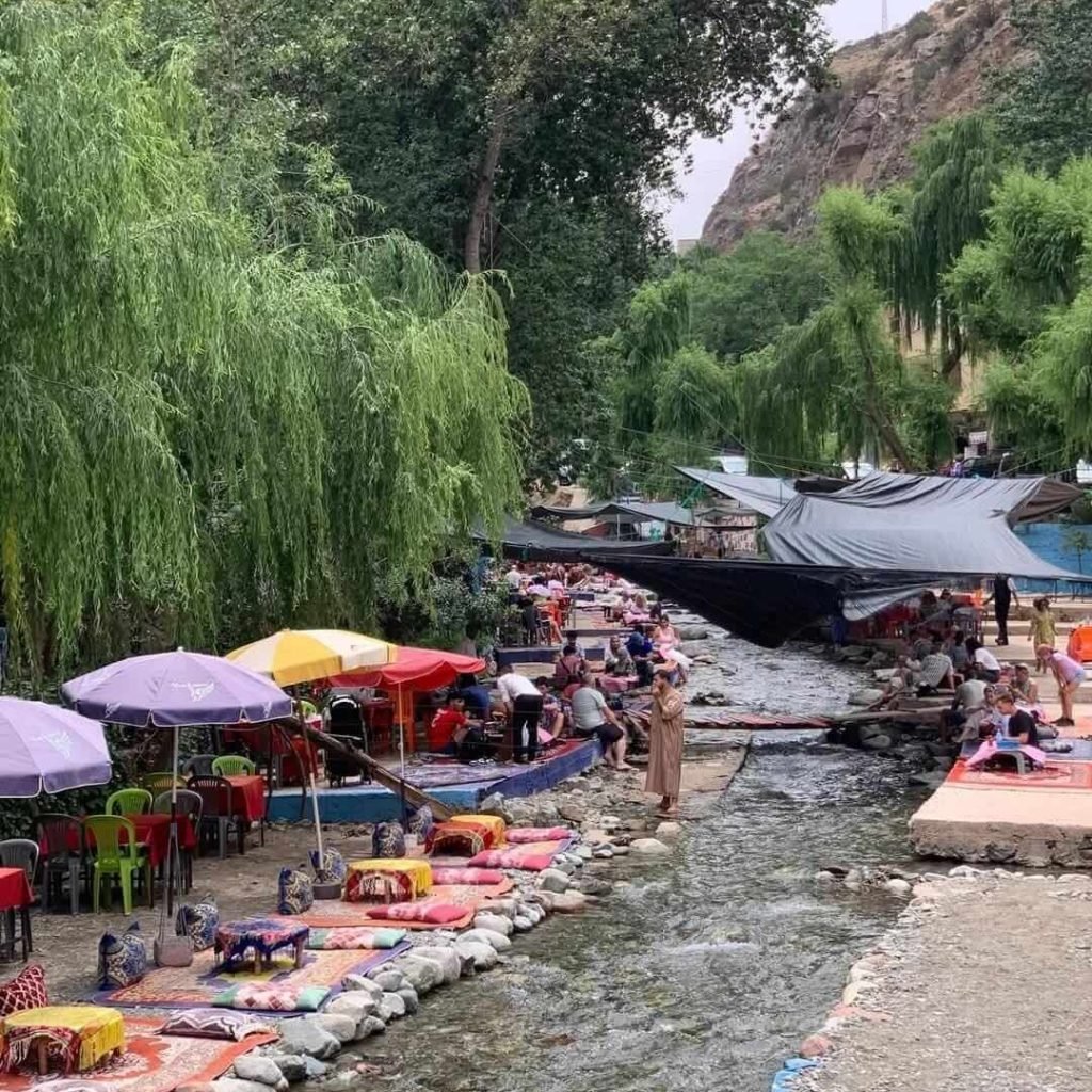Riverside terraces and cushioned seating in Ourika Valley