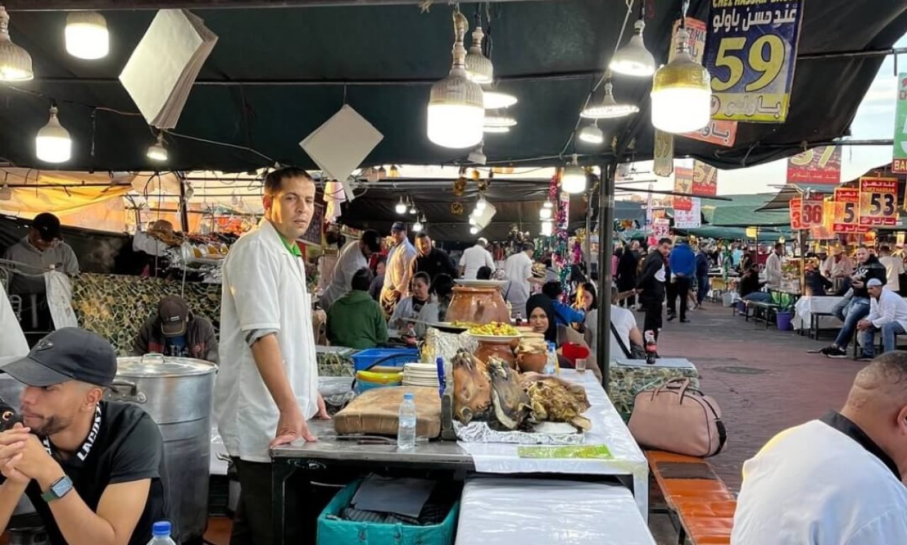 Street food vendor at a Marrakech night market stall