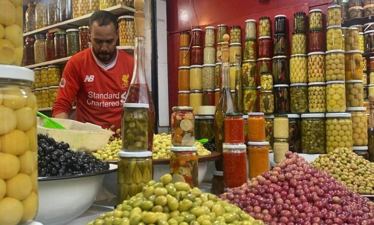 Pile of Moroccan olives at Marrakech food market