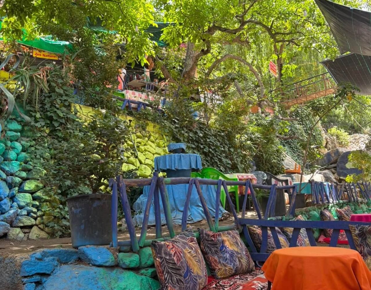 Shaded lounge with orange cushions in Ourika Valley