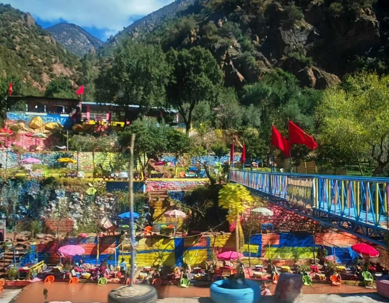 Colorful lounge decorated with tires in Ourika Valley