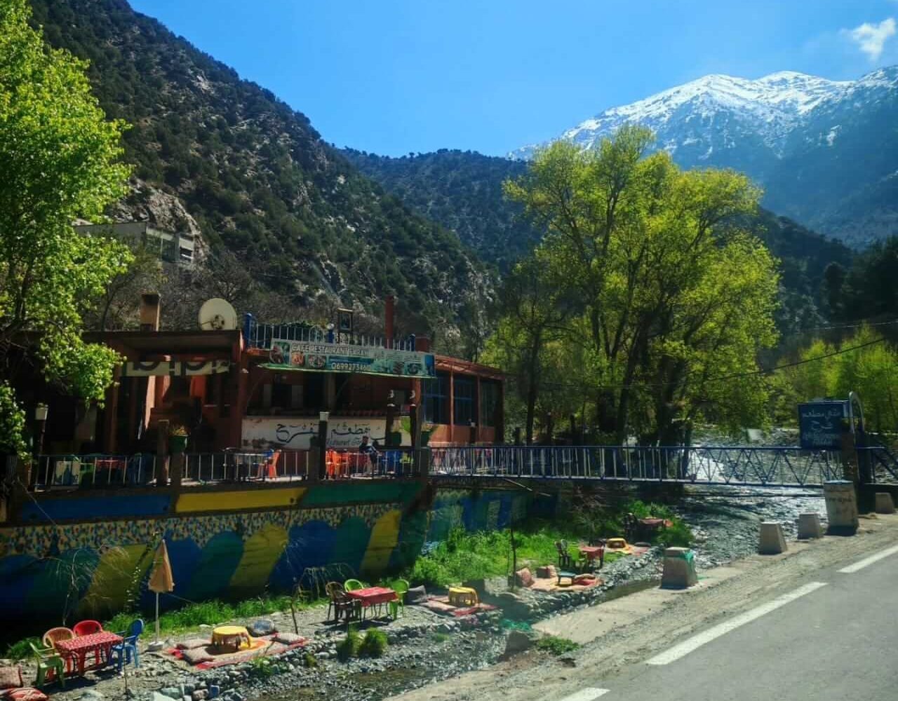 Road surrounded by green trees and mountains in Ourika