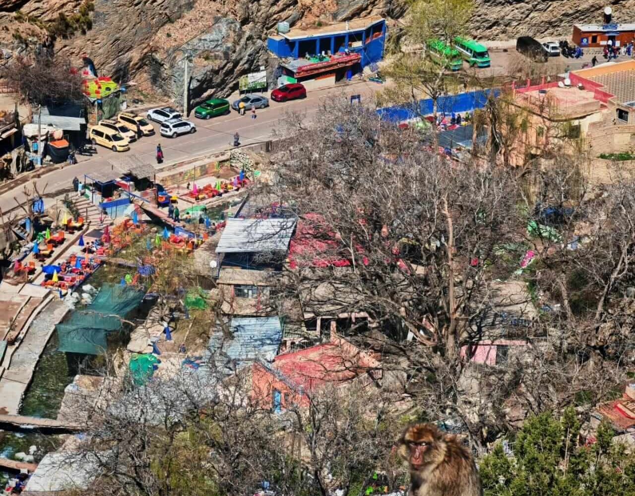 Aerial view of a colorful lounge over Ourika river