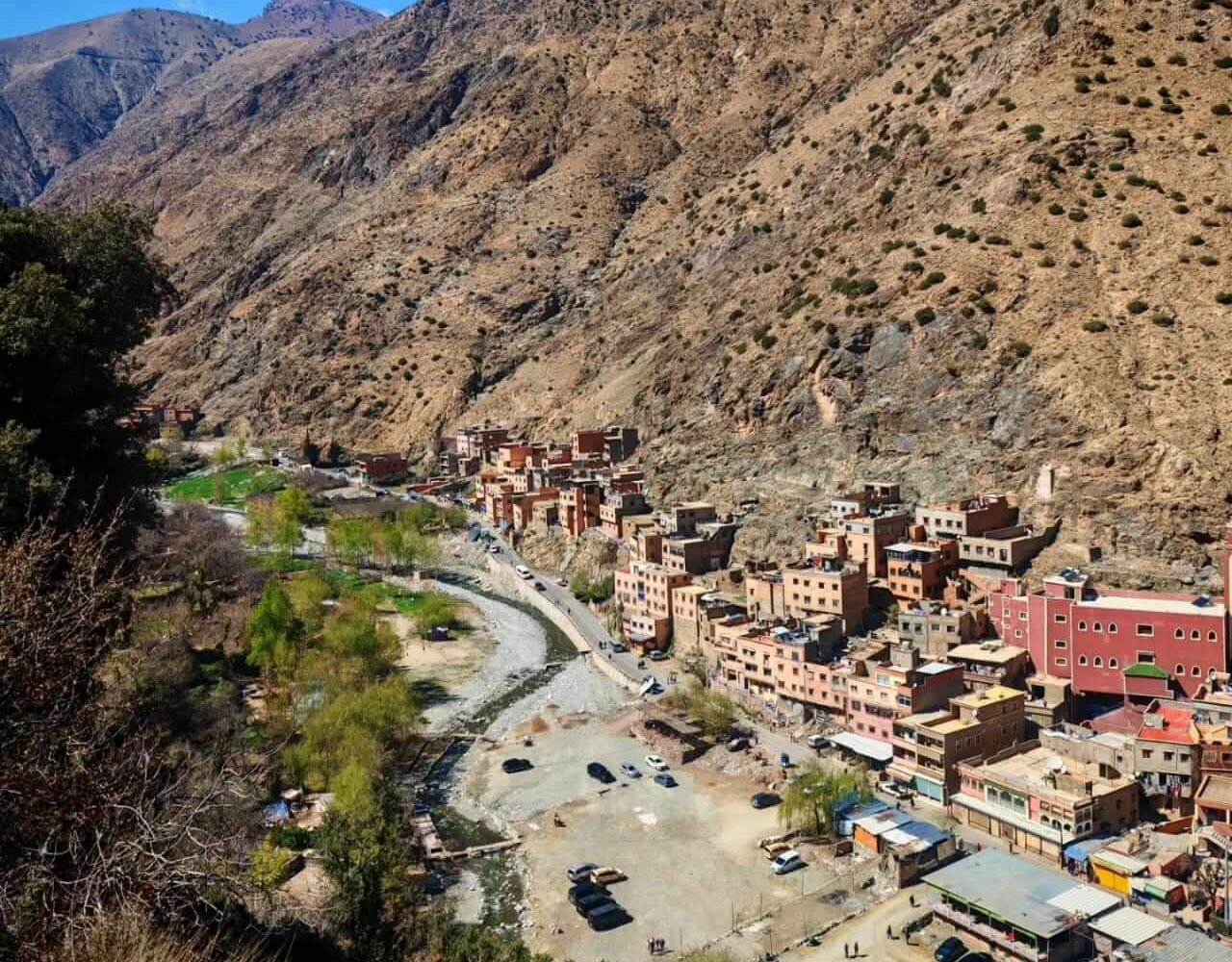 Aerial view of Ourika village, agricultural terraces, and the road