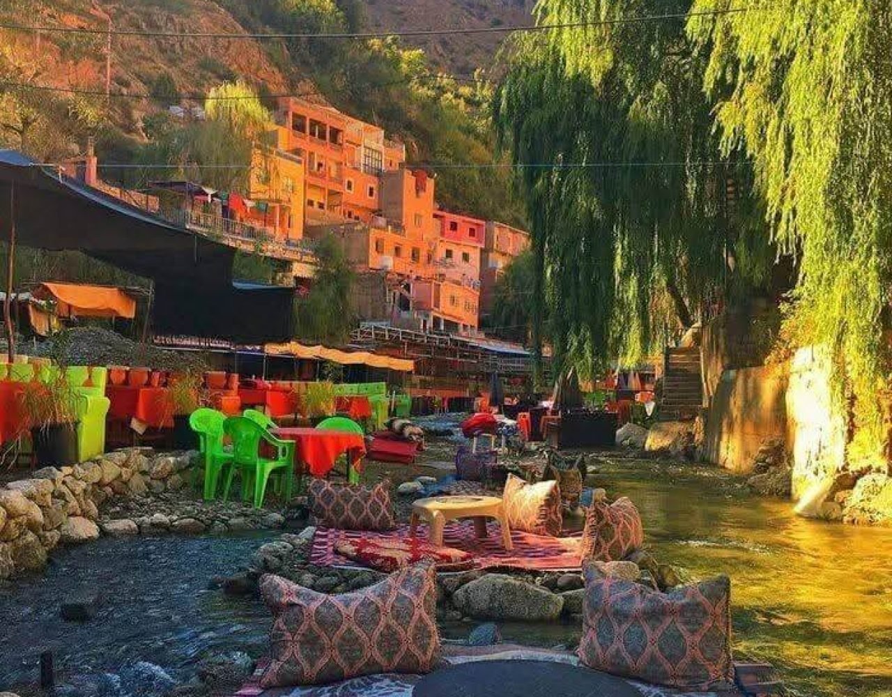 Green riverside lounge in Ourika Valley at sunset