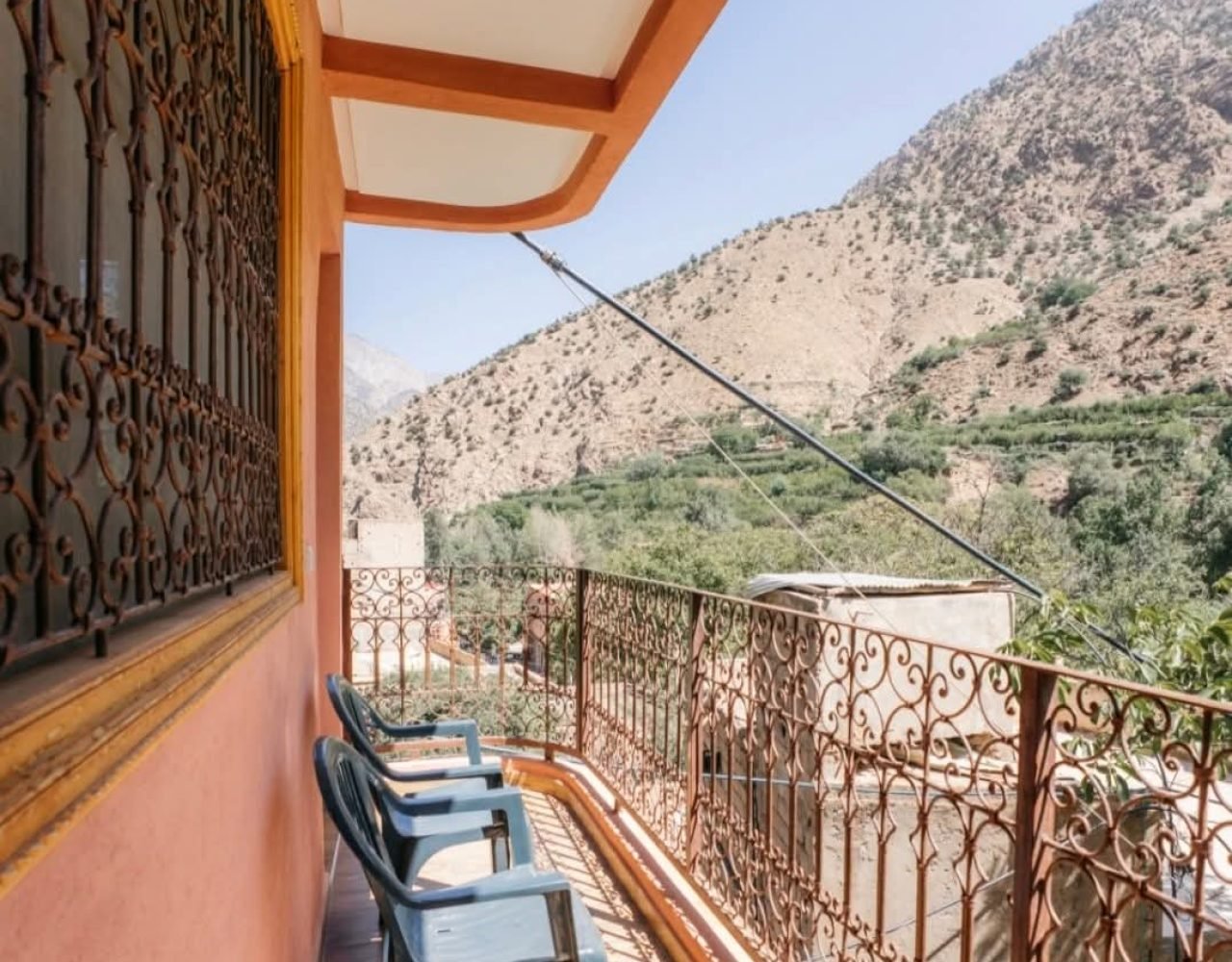 Balcony with blue chairs overlooking Ourika Valley